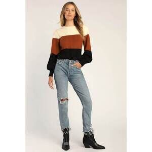 Lulus Open Book Color Block Balloon Sleeve Sweater Ivory,Brown,Black- Size M